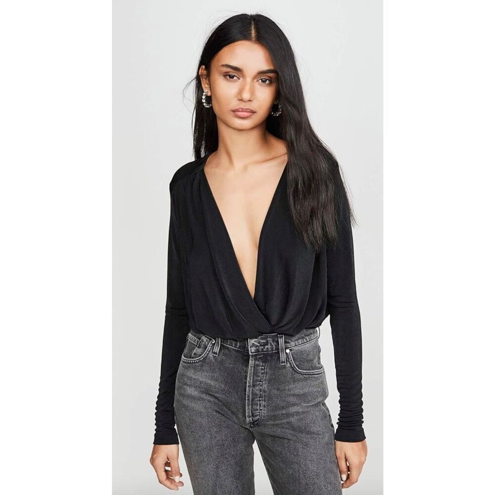 Free People Womens Long Sleeve Knot Front‎ Surplice Bodysuit Black Size Large